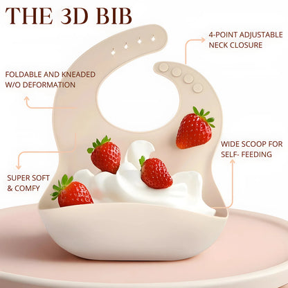 3D bib with strawberry design on a pink background, featuring text labels about its features.