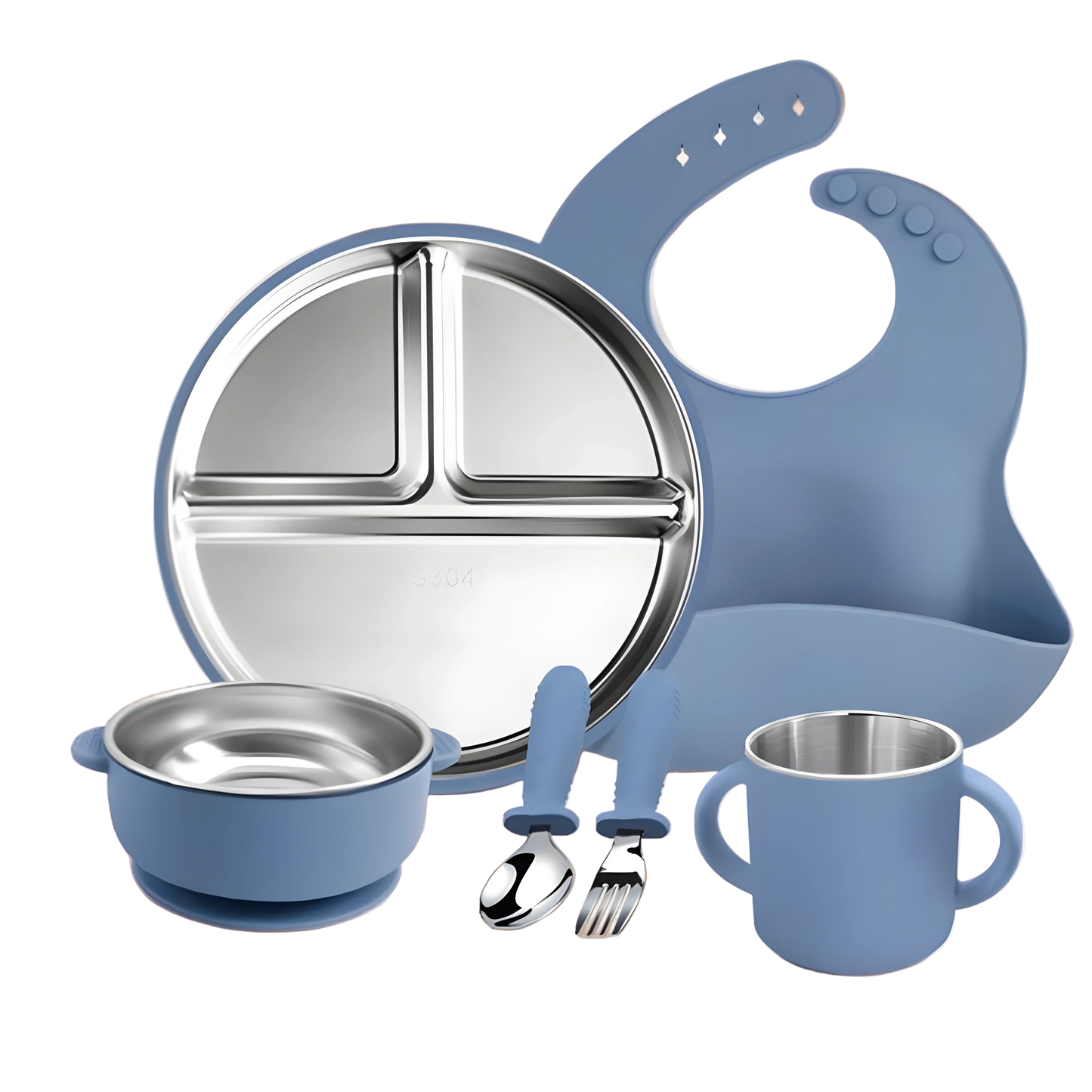 Children's dining set with blue bib, plate, bowl, cup, and utensils on a wooden surface.