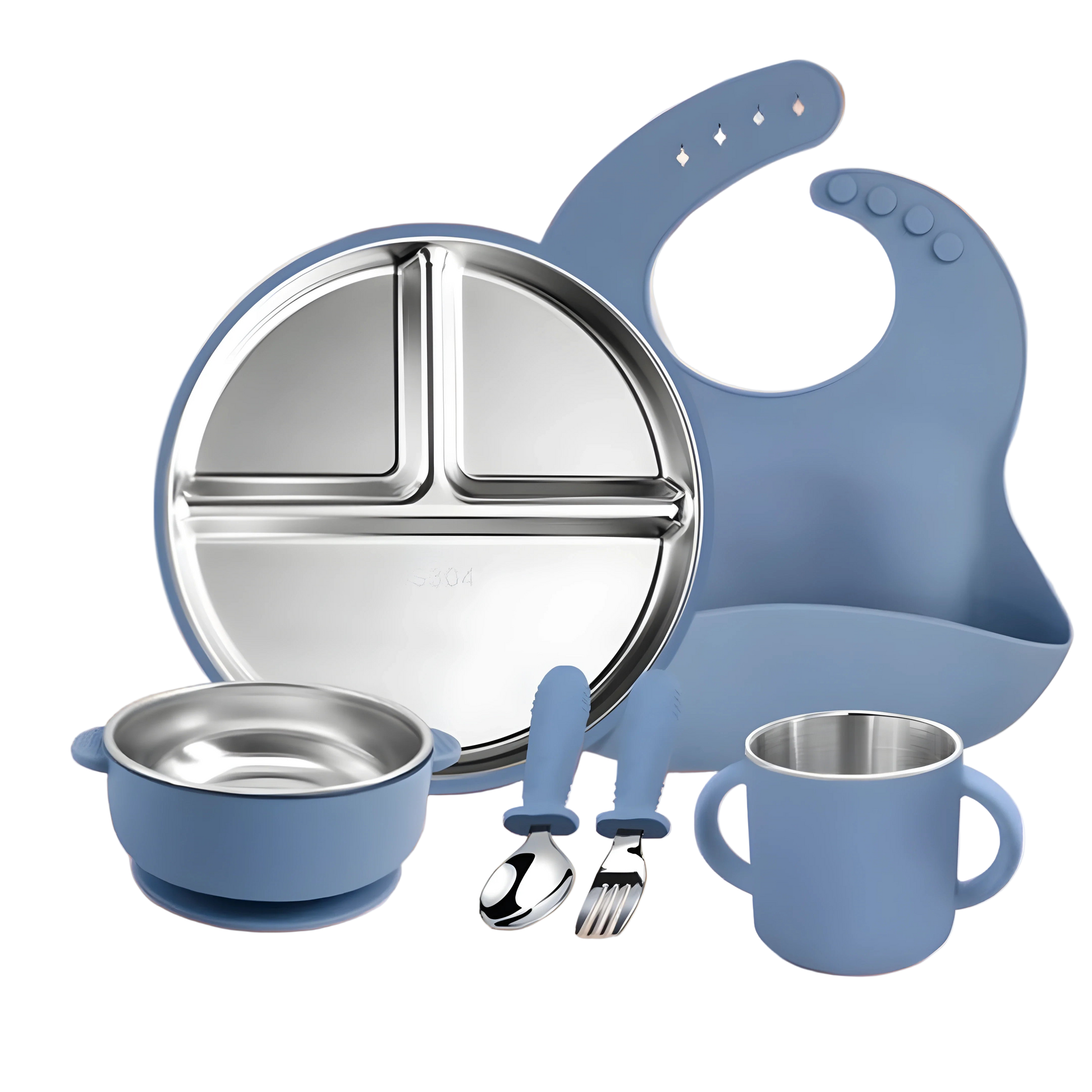 Children's dining set with blue bib, plate, bowl, cup, and utensils on a wooden surface.