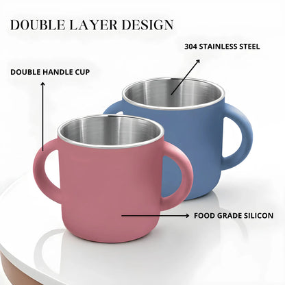 Two mugs, one pink and one blue, with labels indicating double layer design, 304 stainless steel, and food grade silicon.