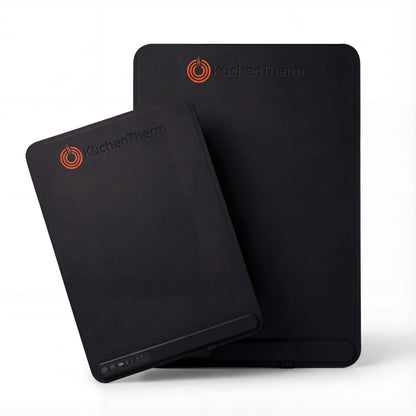 Two black silicone mats with 'KuchenTherm' branding on a white background