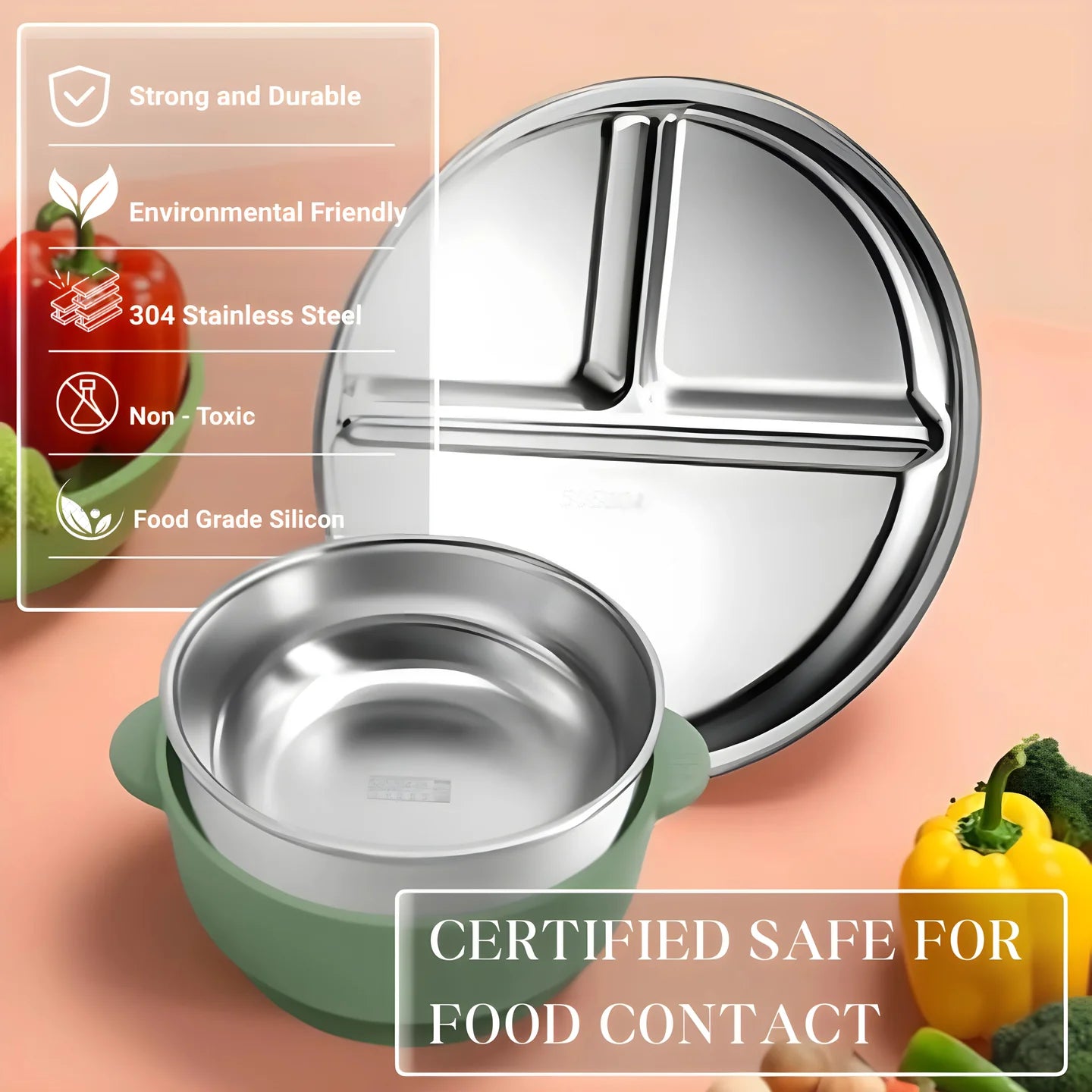 Stainless steel compartmentalized food container with green base on a peach background