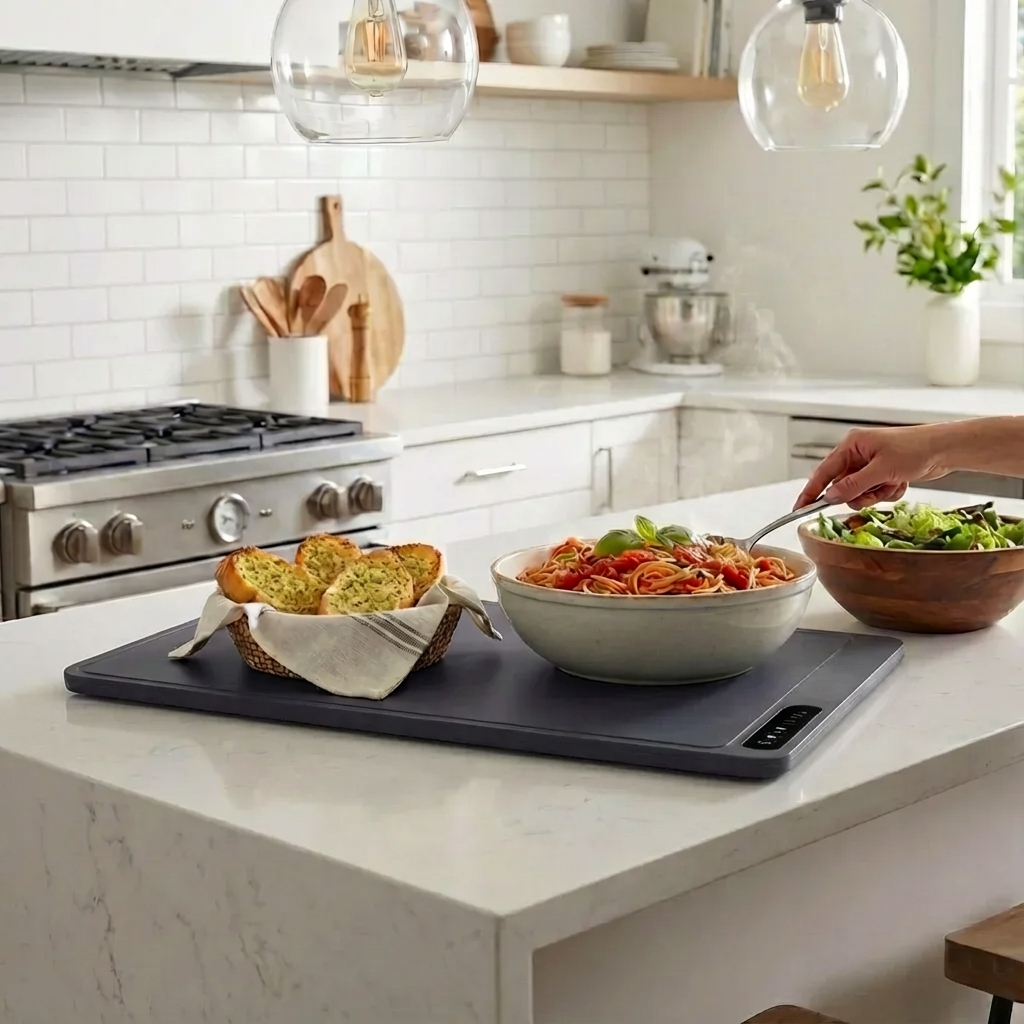 Kitchen counter with a bowl of pasta, bread, and salad on a hot plate, with a person using a fork.